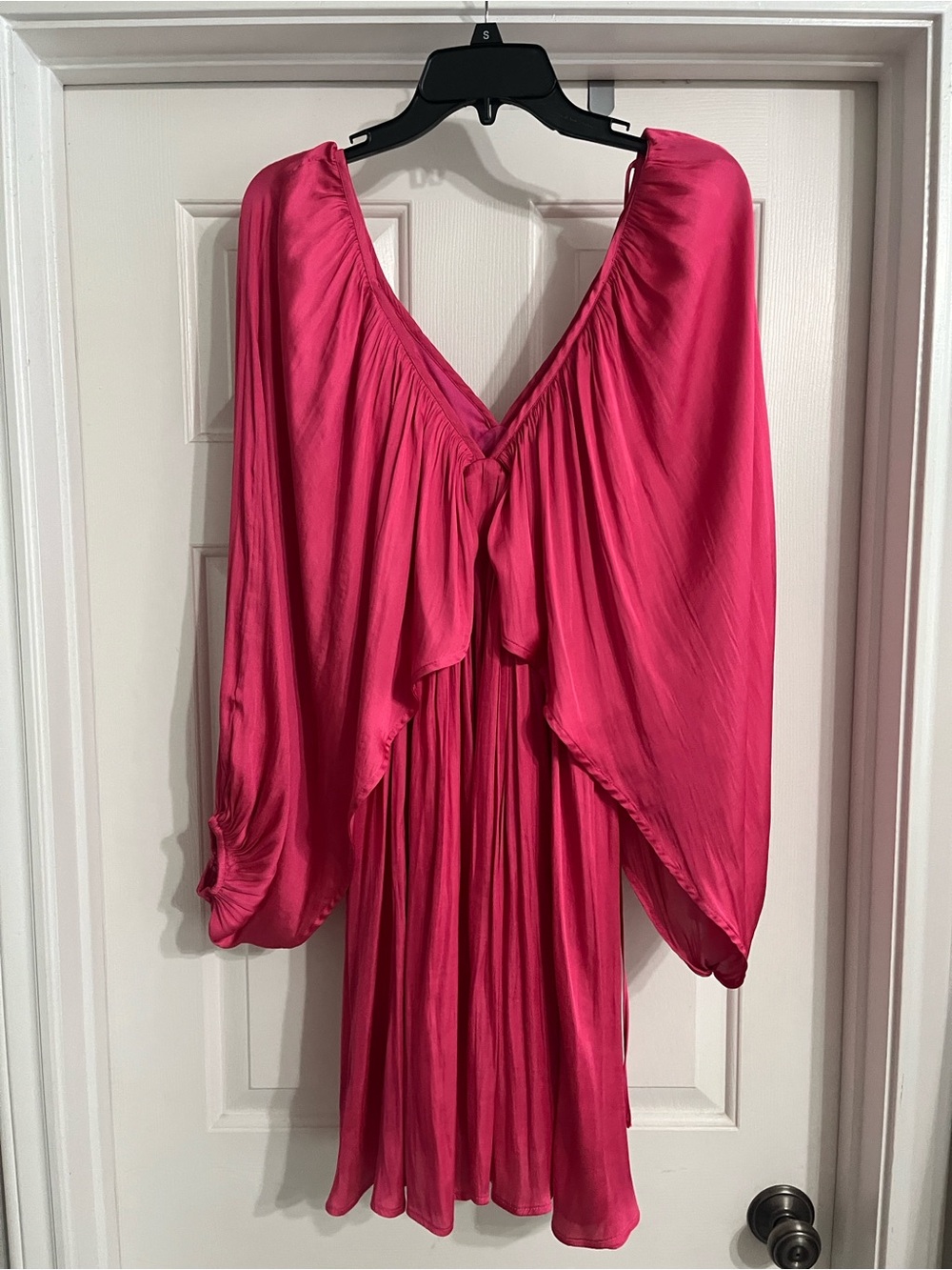 Hot Pink Long-Sleeve V-Neck Flow Dress